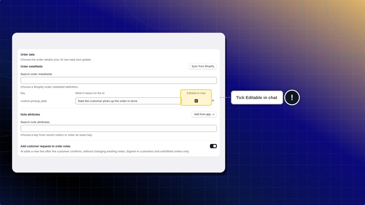 Order data section with the Editable in chat column highlighted