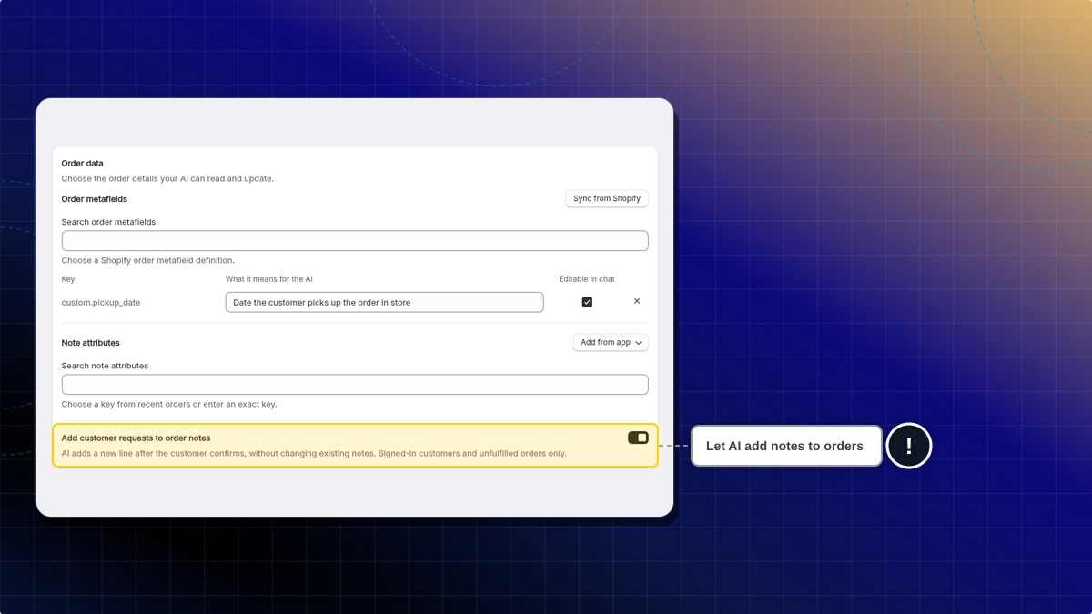 Order data section with the Add customer requests to order notes toggle highlighted
