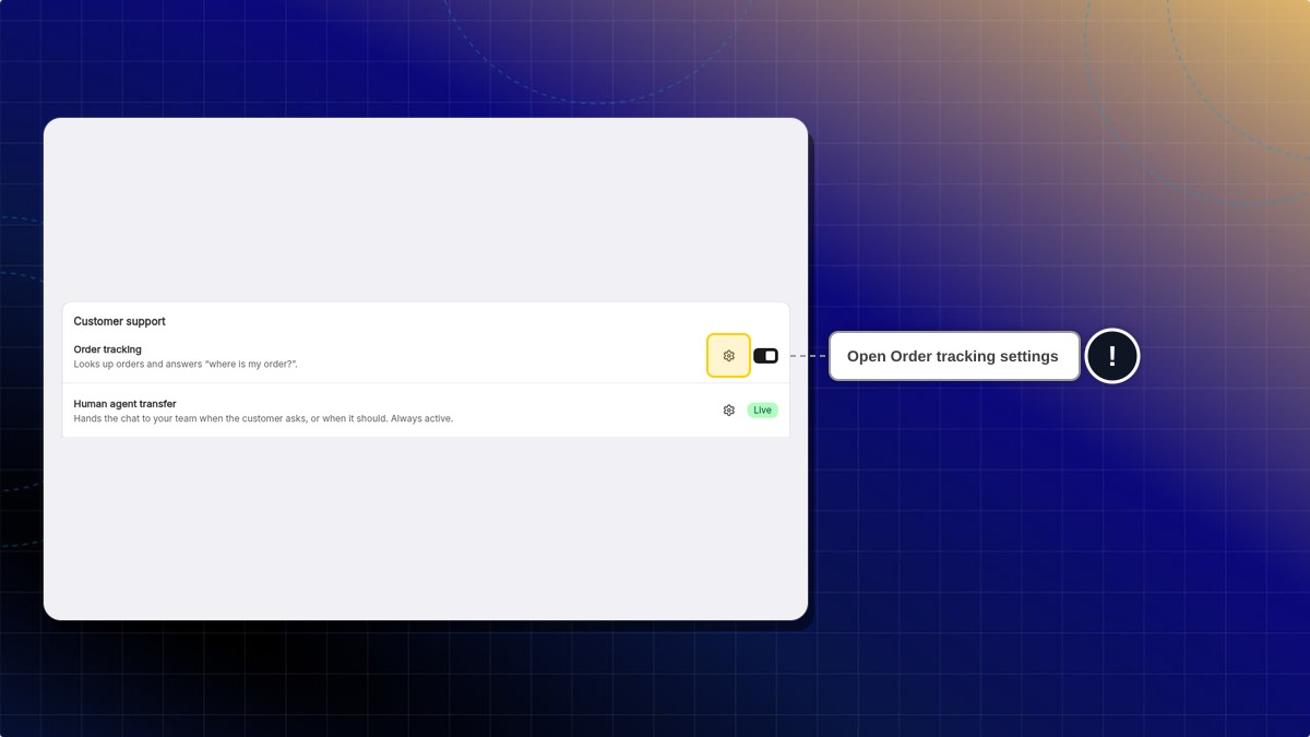 Customer support card with the Order tracking settings icon highlighted