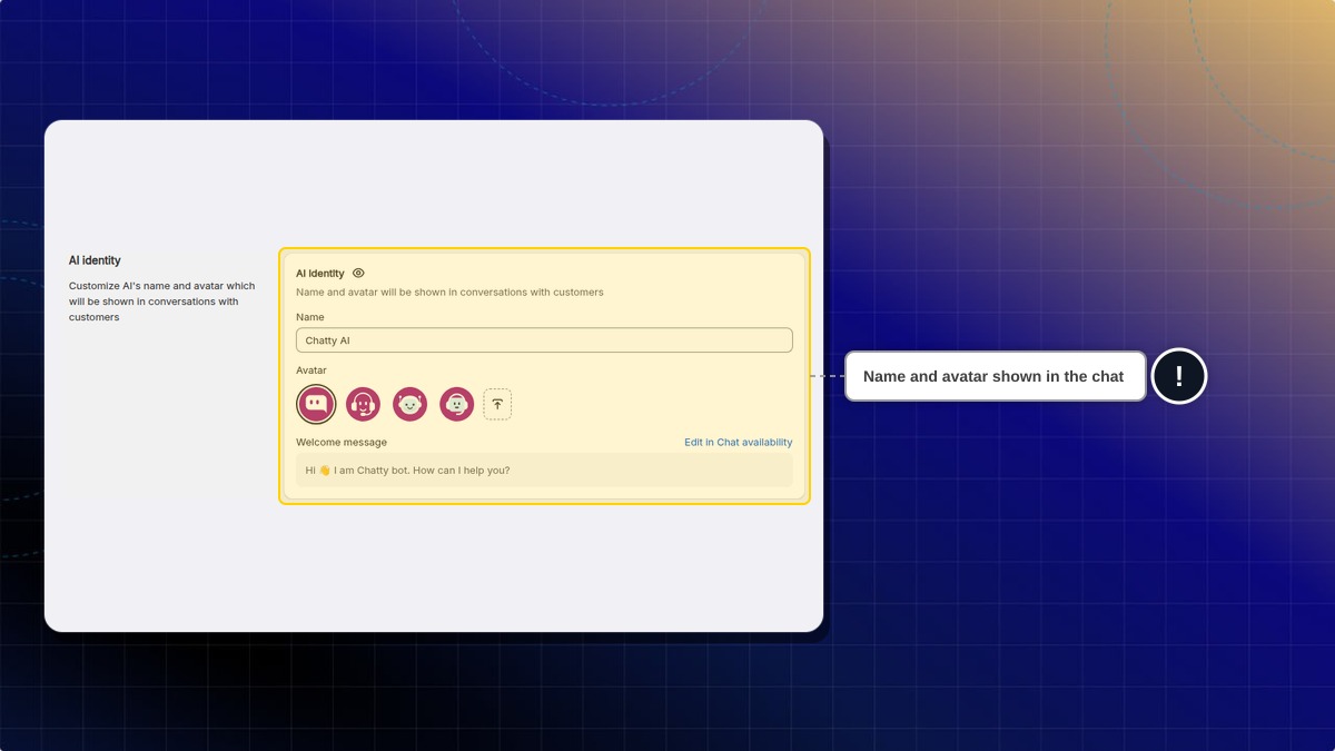 The AI identity card with the Name field and avatar choices in AI agent settings