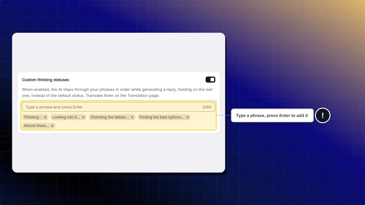 Custom thinking statuses turned on, with the phrase box and the five sample phrases
