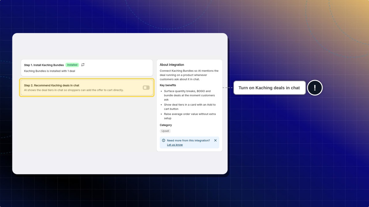 The Kaching Bundles page with the Recommend Kaching deals in chat toggle