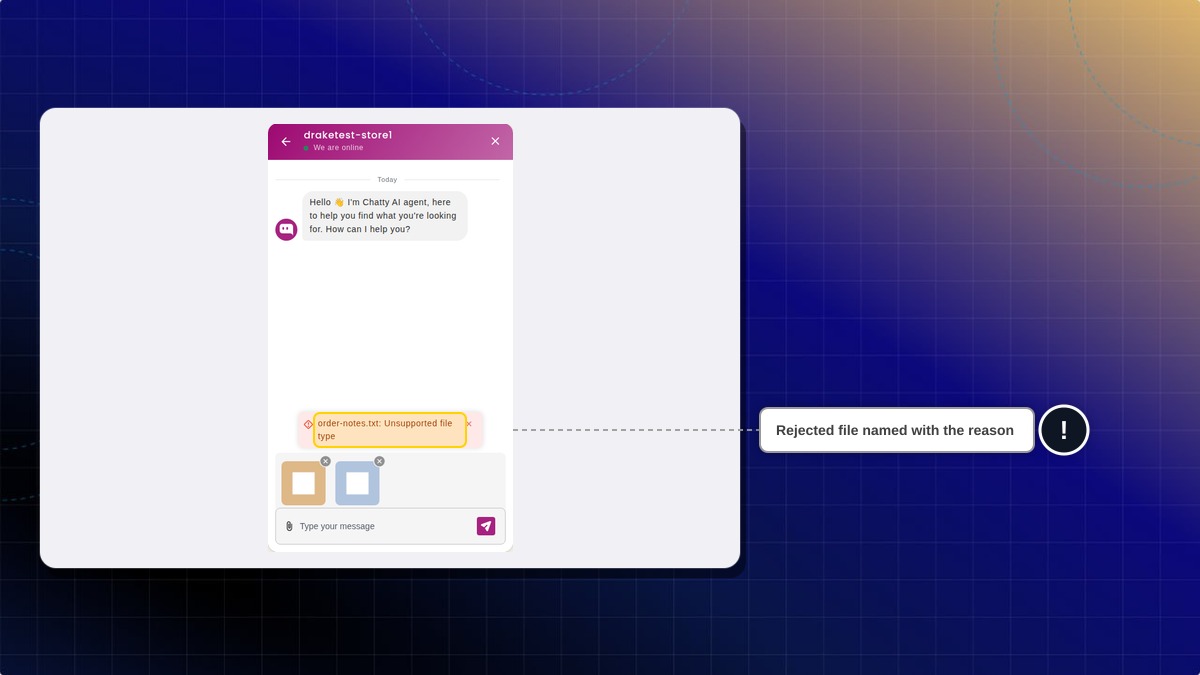 Two images waiting above the message box, and a text file named with the reason Unsupported file type