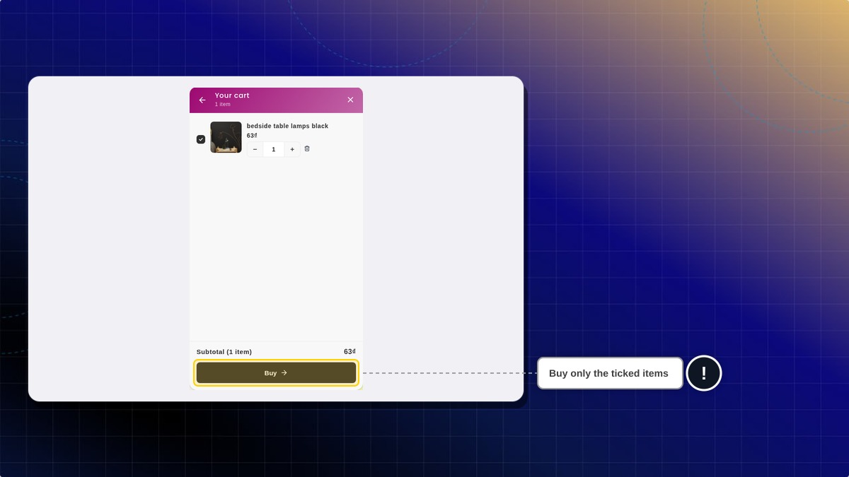 Shopping bag with an item ticked and the Buy button