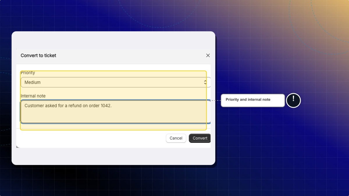 Convert to ticket window, with Priority and Internal note