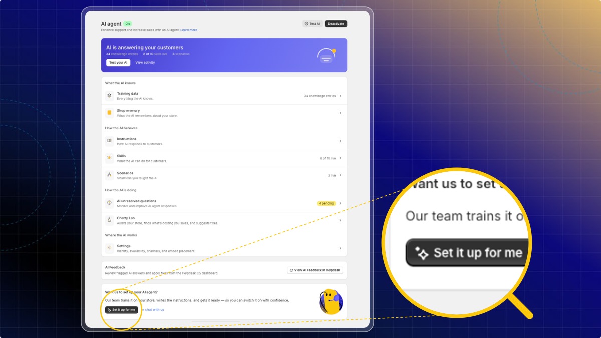 The AI agent page, with a magnifier on the Set it up for me button