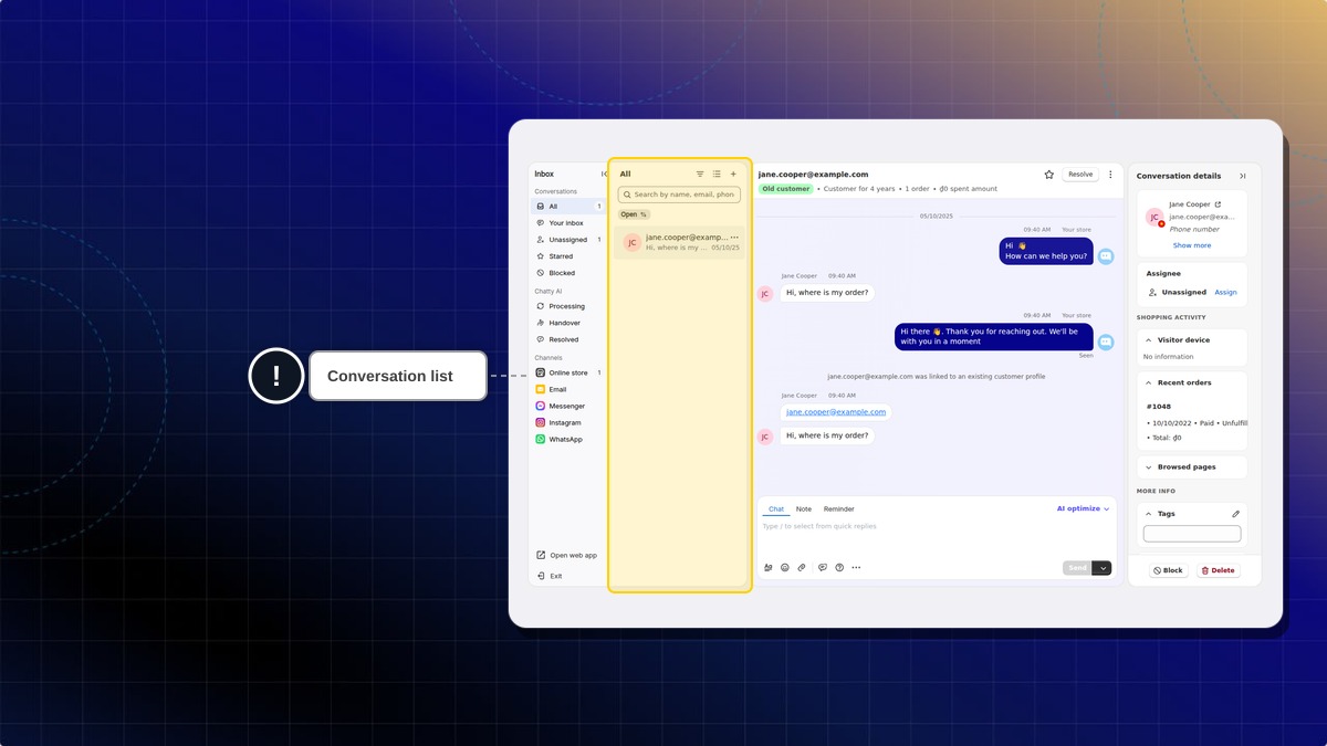Inbox with the sidebar, the conversation list, the open conversation and Conversation details