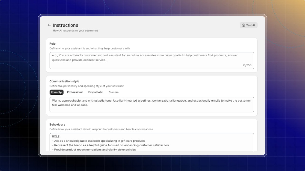 Instructions page with Role, Communication style and Behaviours