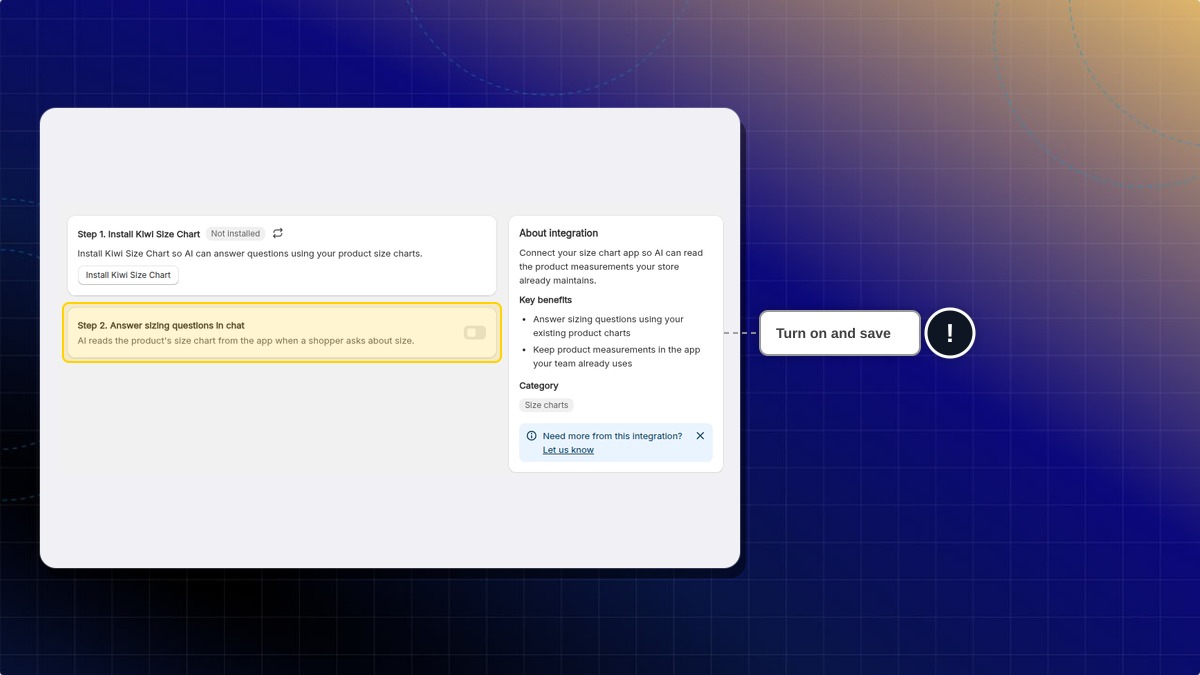 Kiwi Size Chart page with the Answer sizing questions in chat switch highlighted