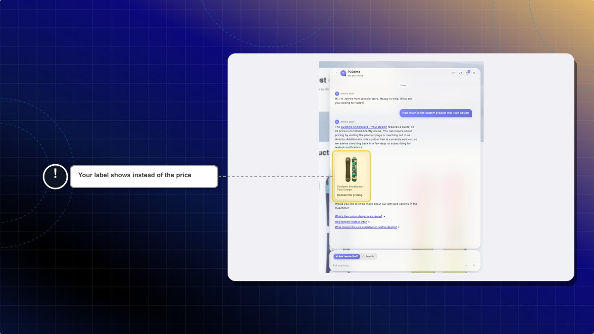 A product card in the chatbox showing "Contact for pricing" with no add-to-cart button