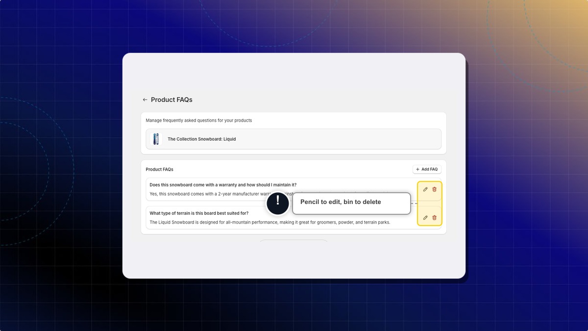 Two saved product FAQs with the pencil and bin icons beside each one