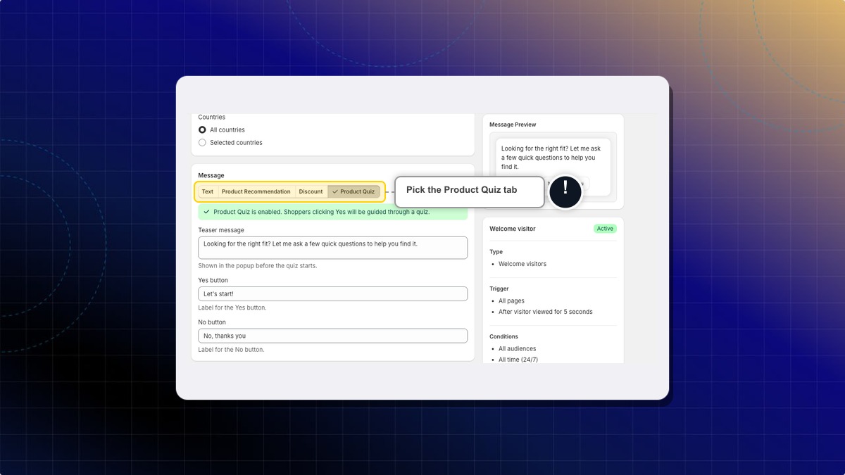 The Message section with the Product Quiz tab selected