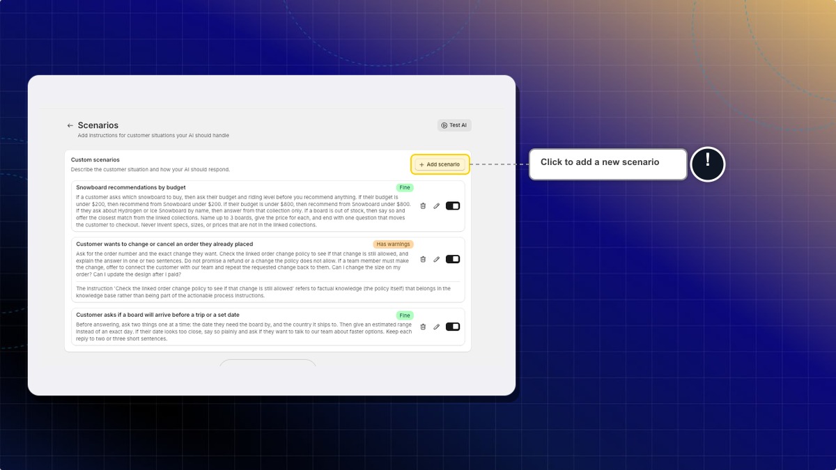 The Scenarios page with the Custom scenarios card and the Add scenario button