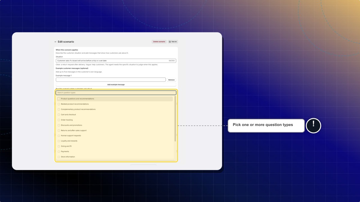 The question type list open under "Search question types"