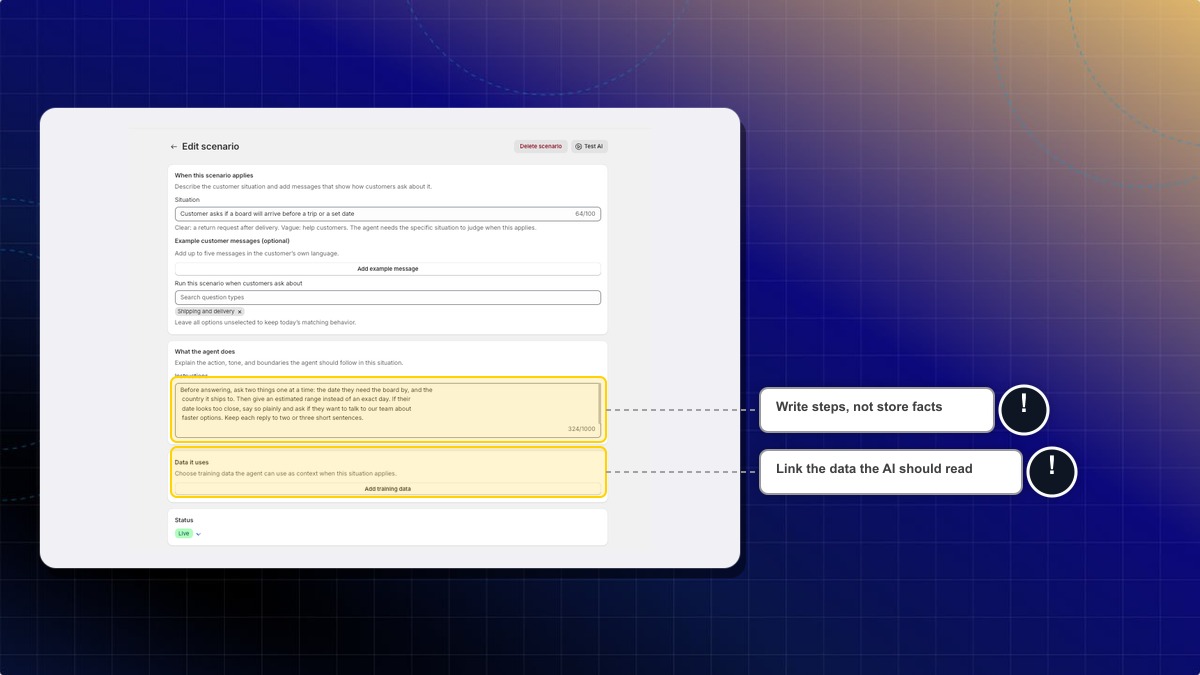 The "What the agent does", "Data it uses", and "Status" cards