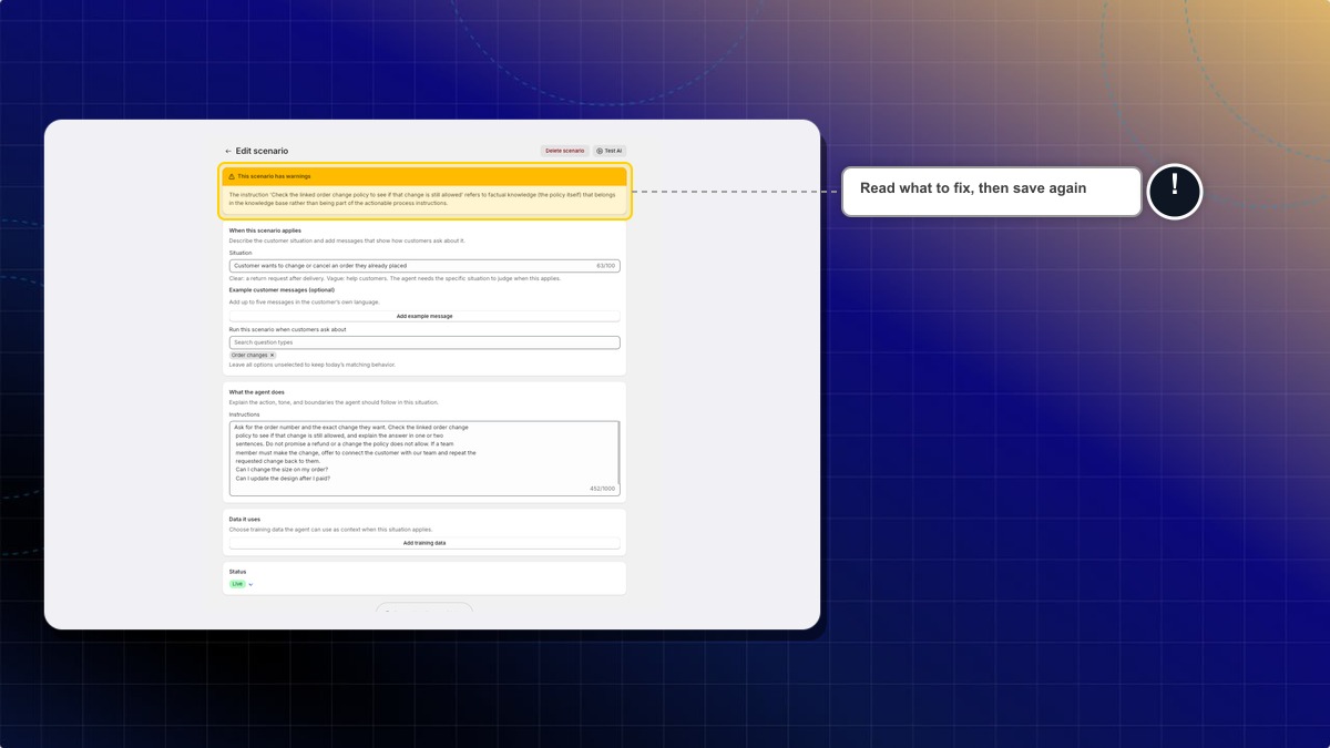 The "This scenario has warnings" banner on the Edit scenario page