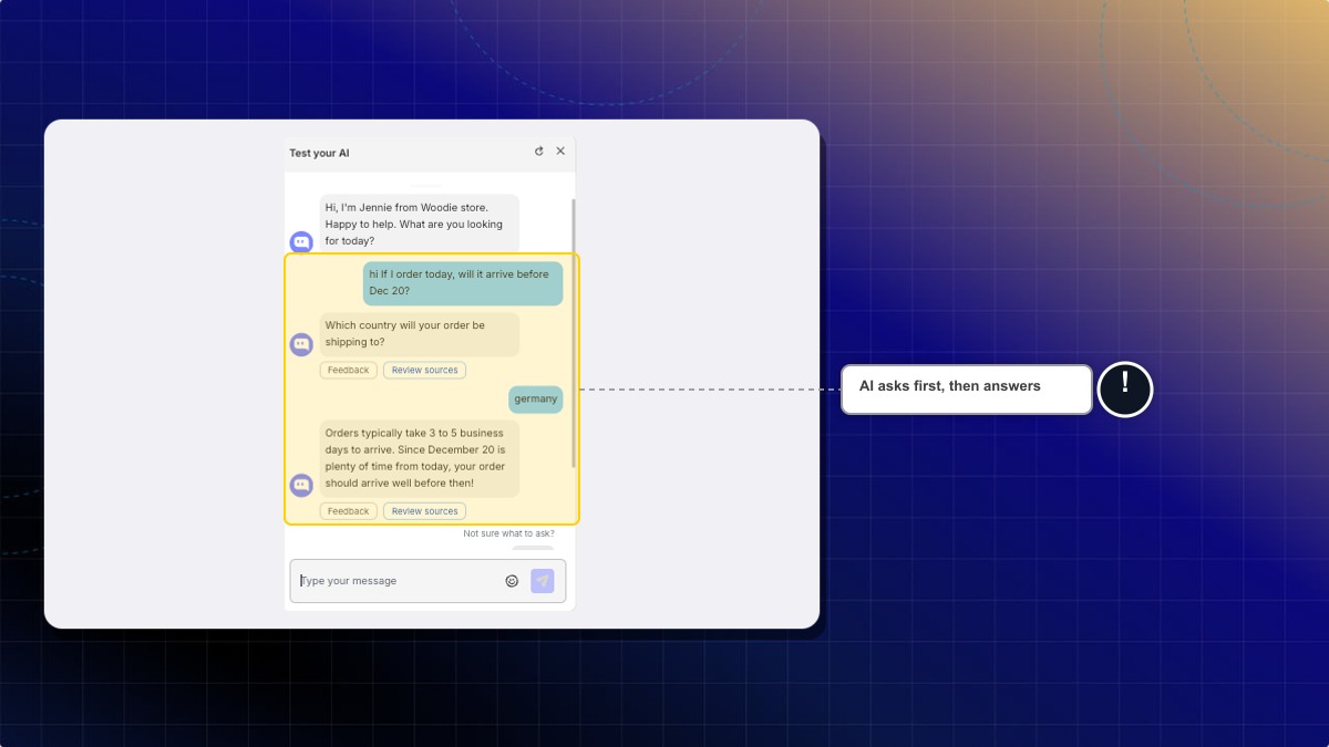 The Test your AI chat, where the AI asks the scenario's first question before answering