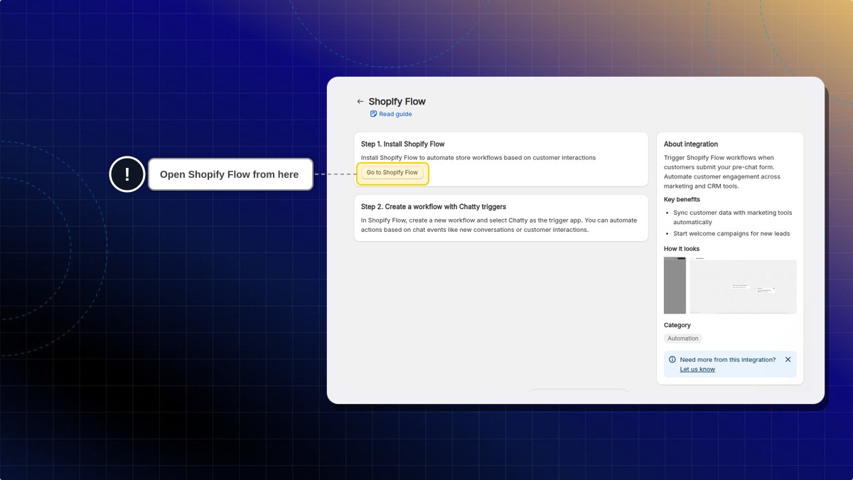 Shopify Flow page in Chatty with the Go to Shopify Flow button highlighted