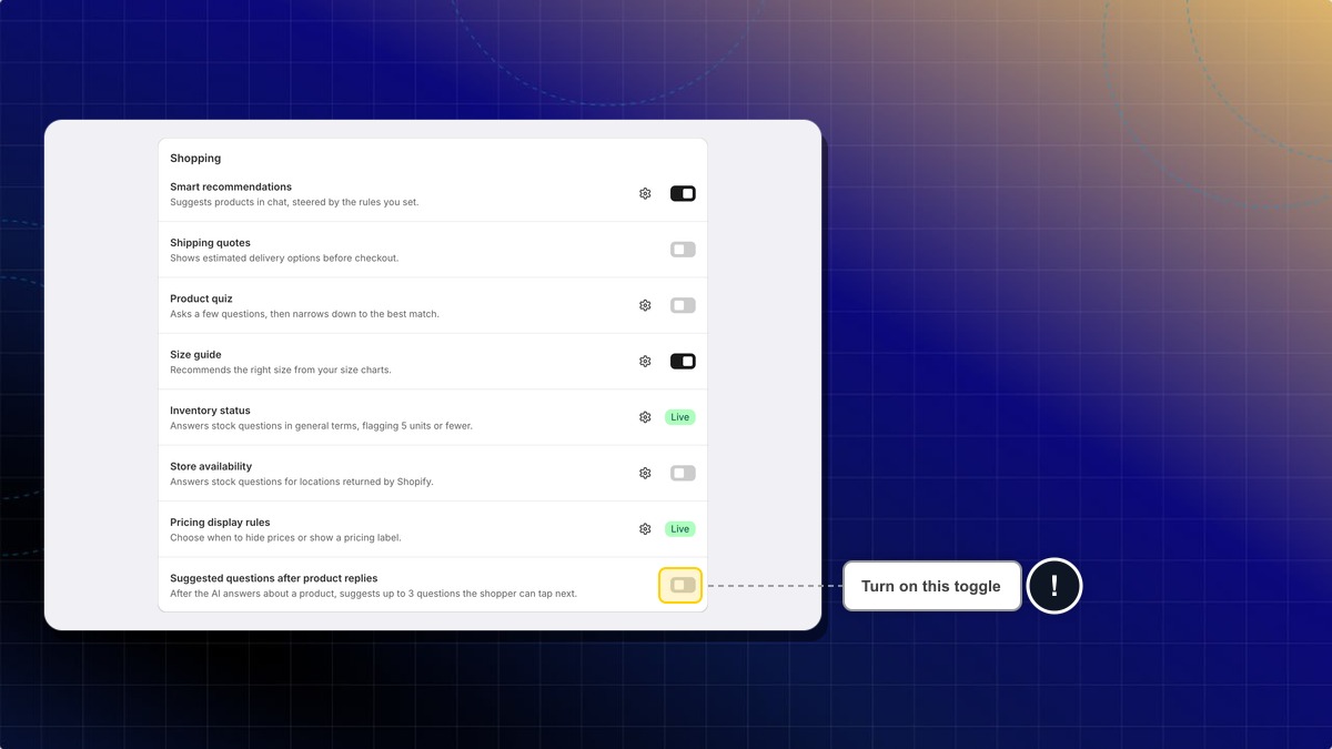 The Suggested questions after product replies row in the Shopping list, with its toggle highlighted