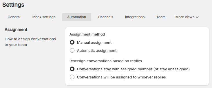 The Assignment card in Settings, Automation tab, with Manual assignment and Automatic assignment options