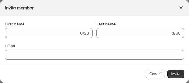 The Invite member window with First name, Last name and Email fields