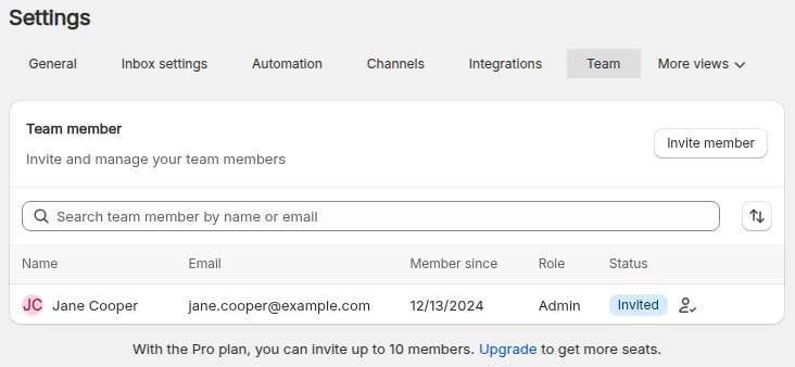 The Team tab in Chatty Settings with the Invite member button and the team member list