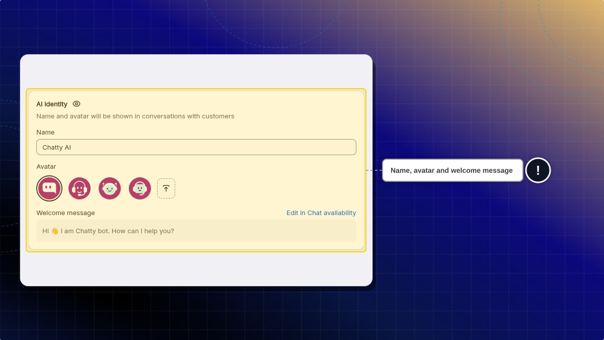 The AI identity card in AI agent settings, with Name, Avatar and Welcome message