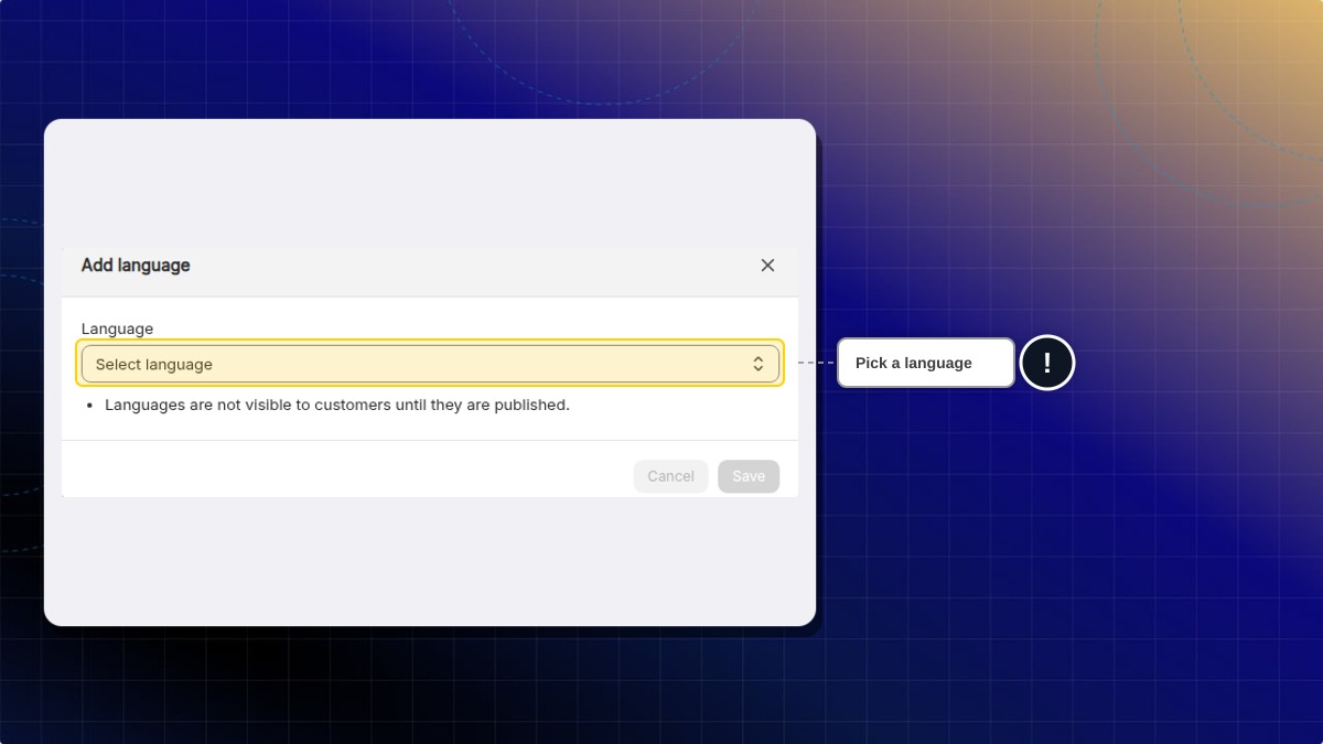 Add language window with the Language list highlighted