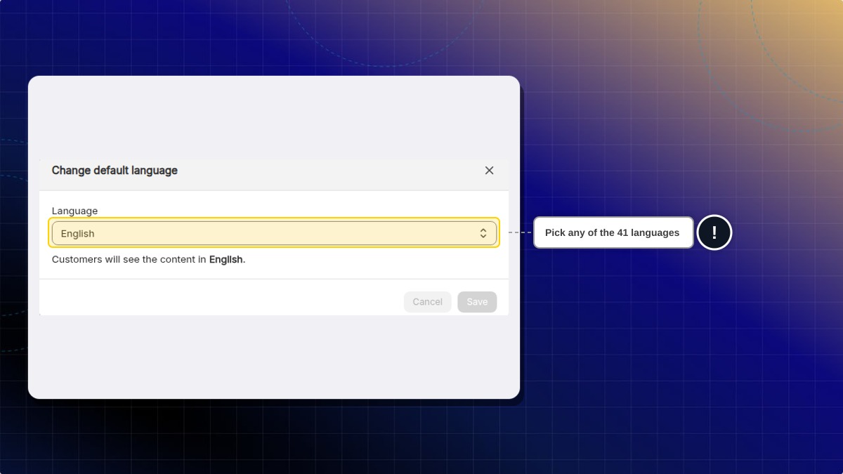 Change default language window with the Language list highlighted