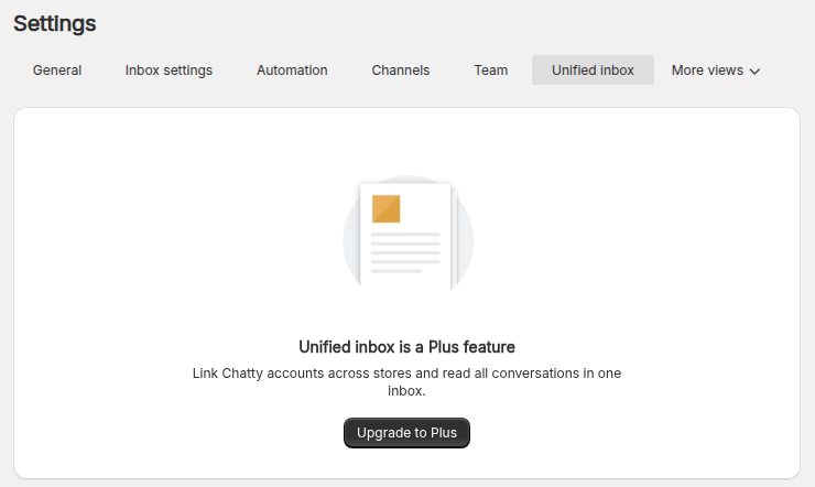 Unified inbox tab in Settings on a store without the Plus plan