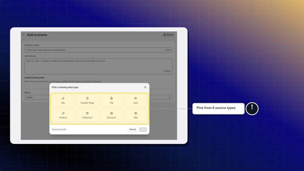 Add training data modal with the list of source types