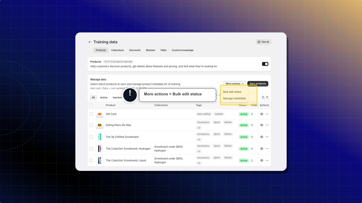 The More actions menu on the Products tab, open on Bulk edit status