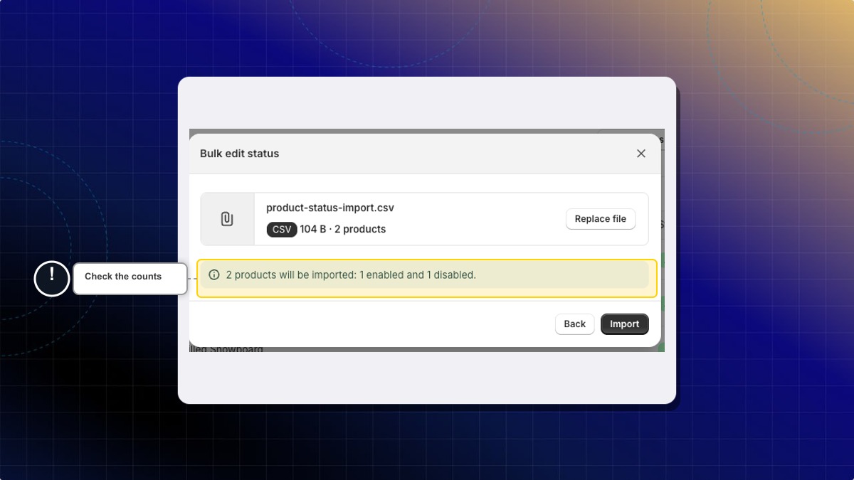 The review step showing how many products will be enabled and disabled