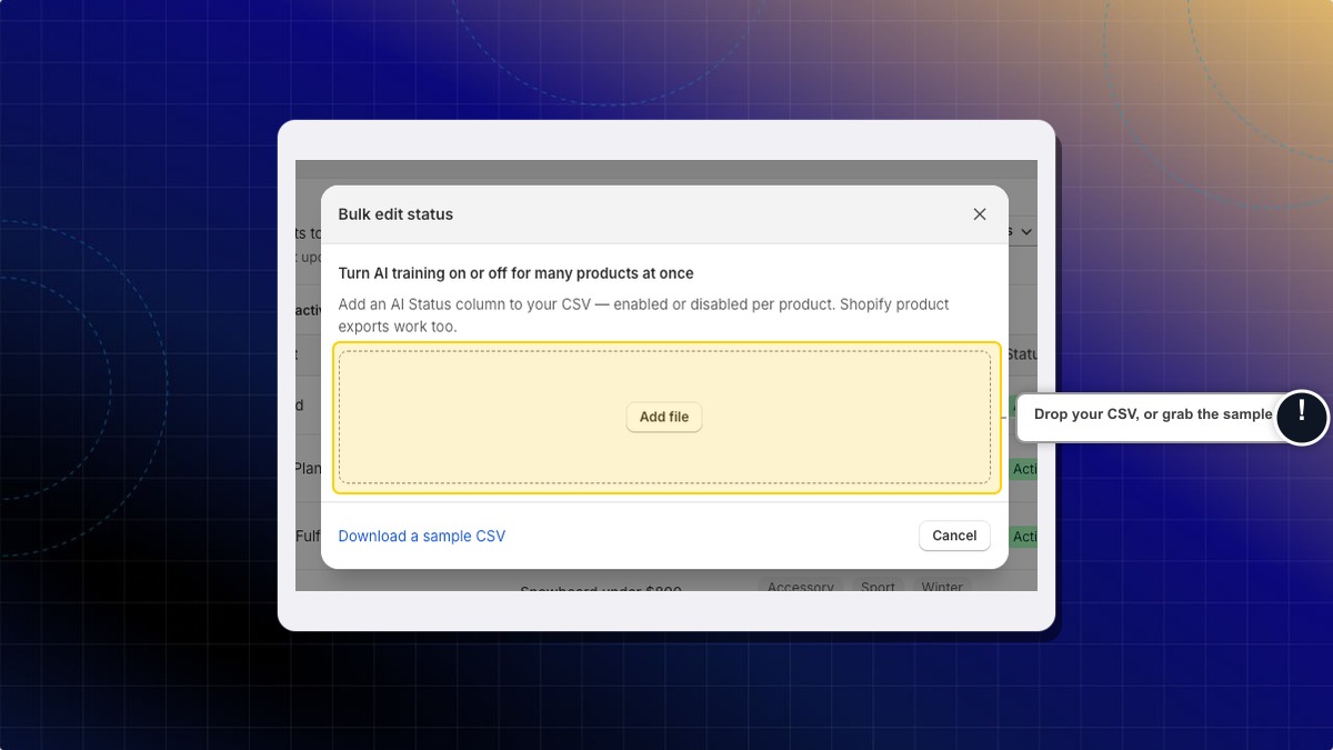 The Bulk edit status upload step with the drop zone and the sample CSV link