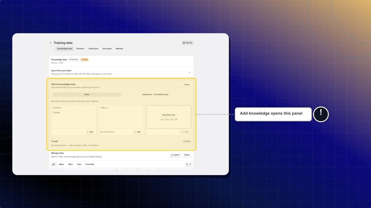 The Add to knowledge base panel on the Basic tab
