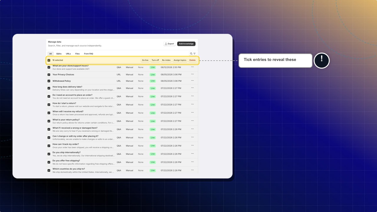 The action bar above the Manage data table after selecting entries