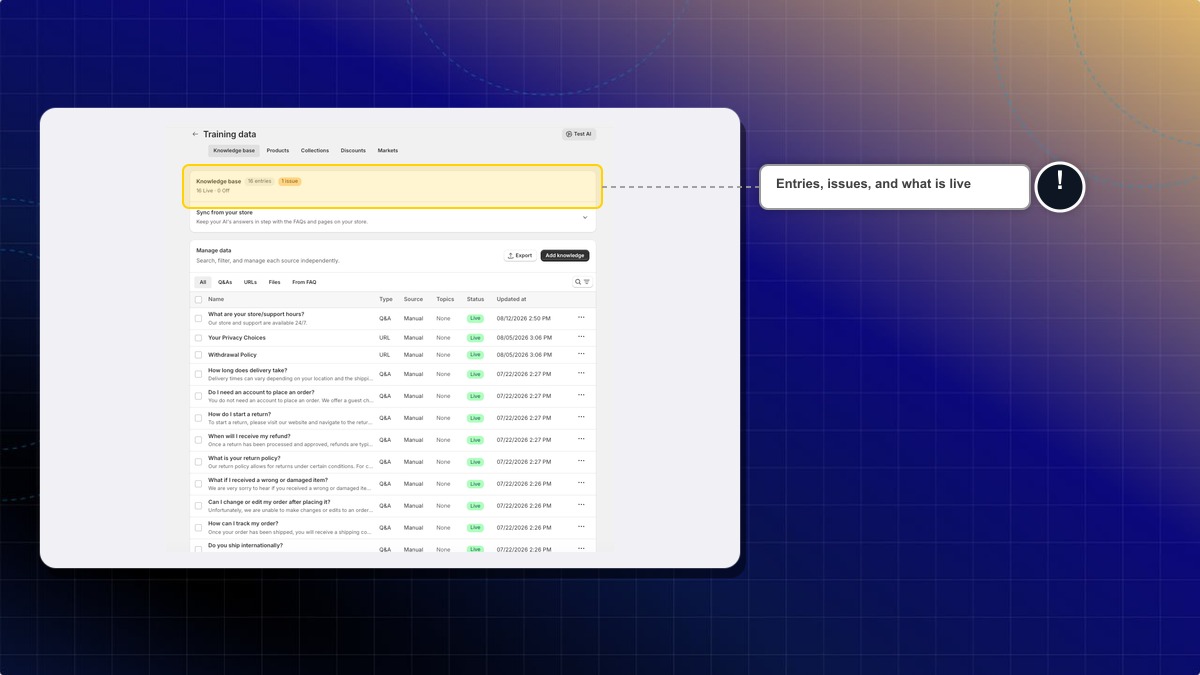 The Knowledge base header showing the entry count, the issue button and the live count