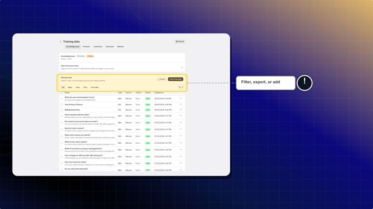The Manage data table with its filters, Export and Add knowledge