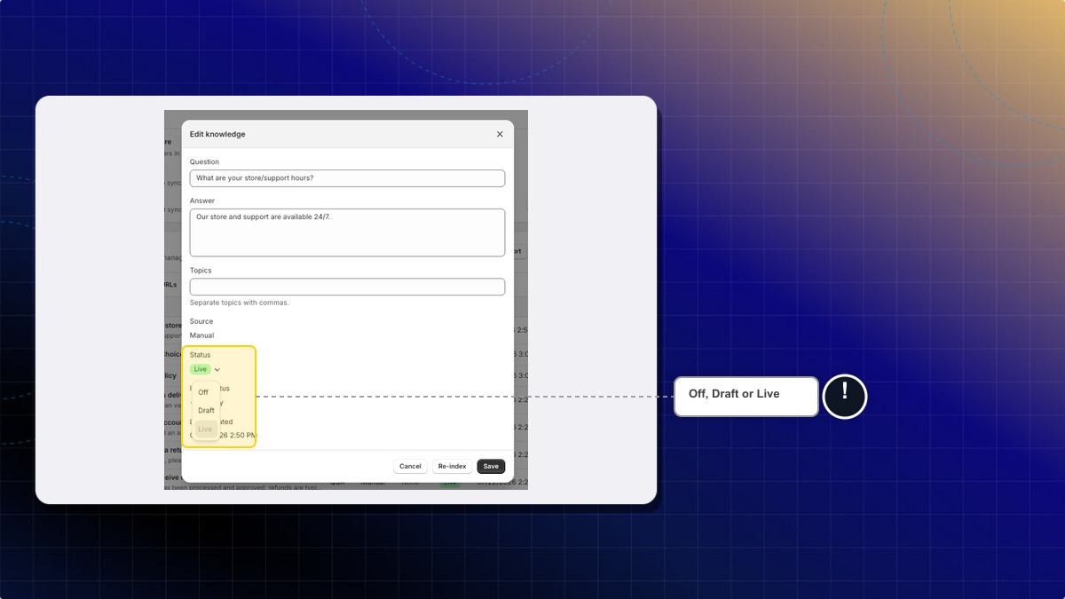 The Status picker in the Edit knowledge window, open on Off, Draft and Live