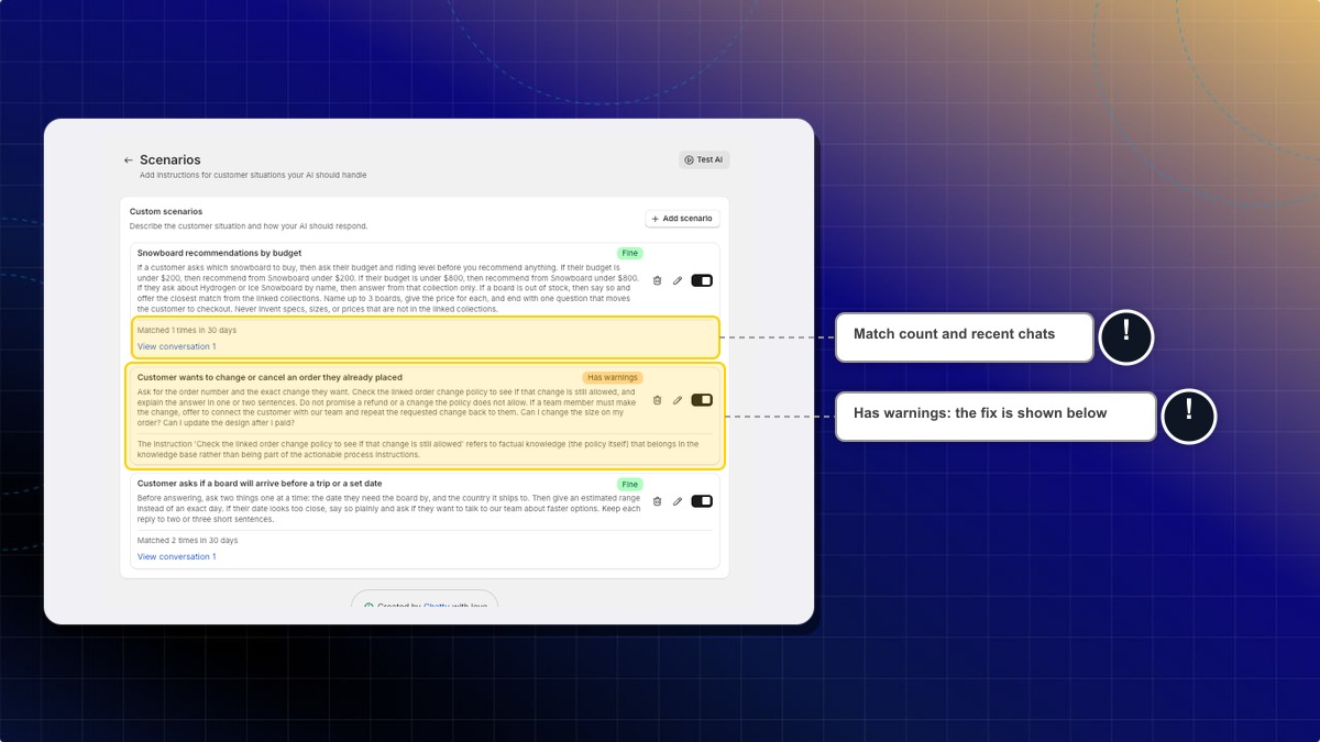 The Custom scenarios list with match counts, View conversation links, and a Has warnings scenario