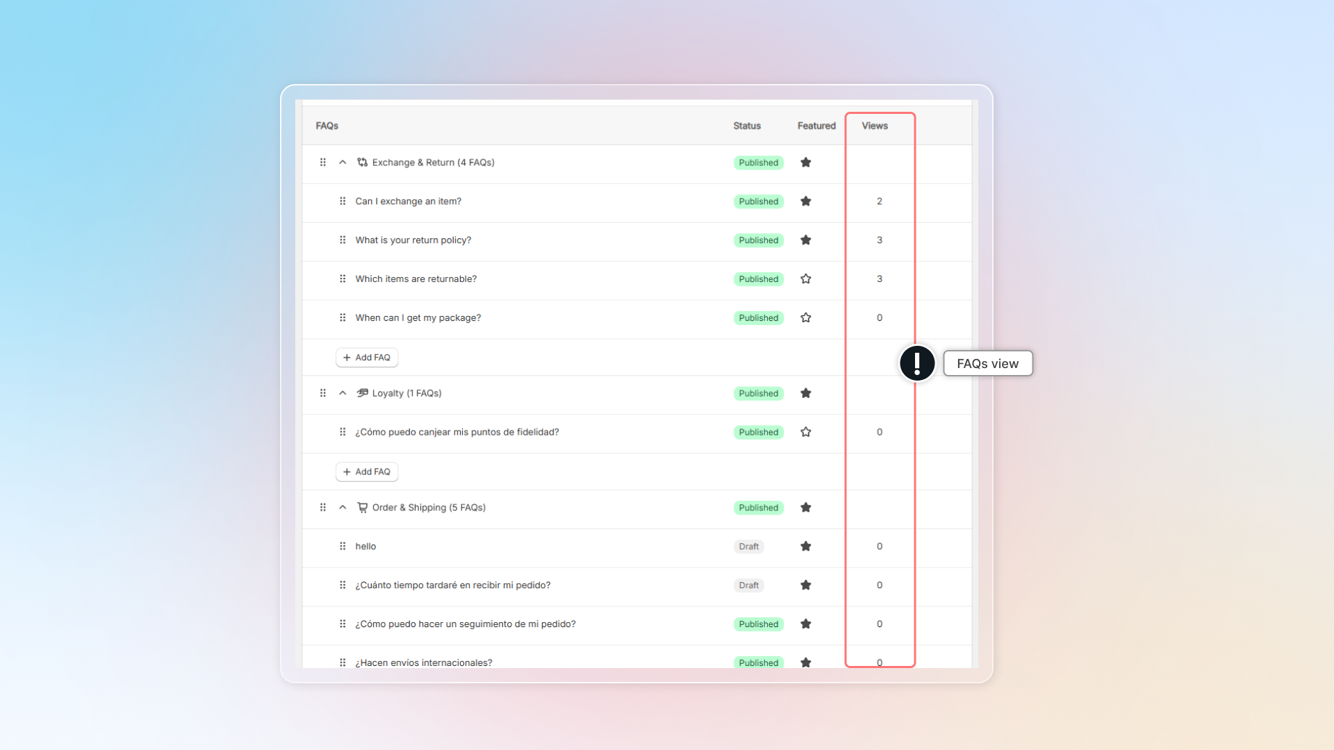 The FAQs list with a view count next to each question