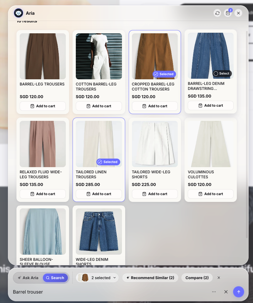 Two products selected with Recommend Similar and Compare