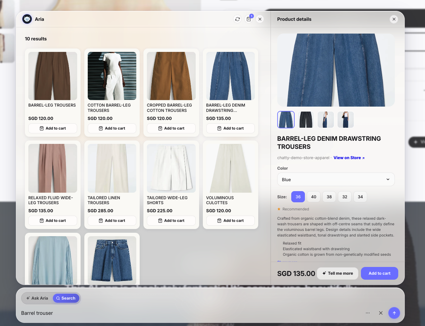 Product details panel with Add to cart