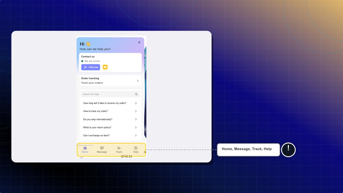 Chatbox navigation bar with the Home, Message, Track and Help tabs