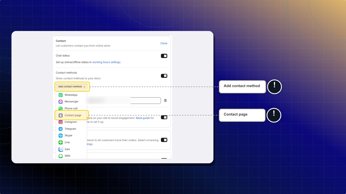 The Add contact method menu open, with Contact page in the list
