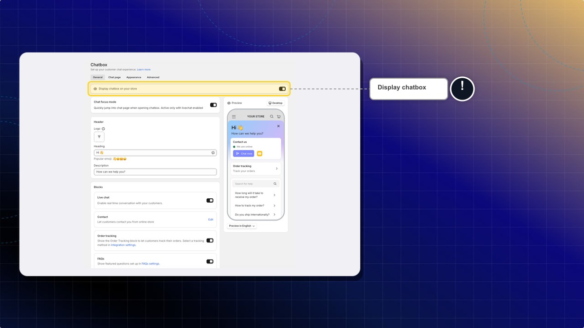 Display chatbox on your store switch on the Chatbox page