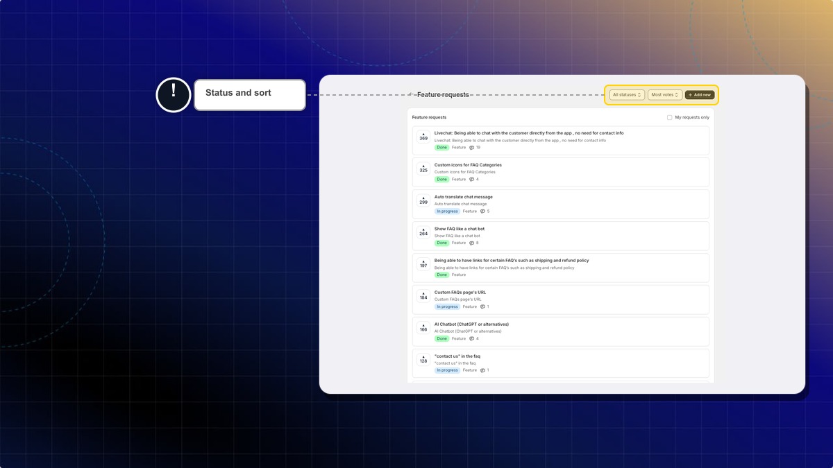 Status and sort dropdowns in the Feature requests header