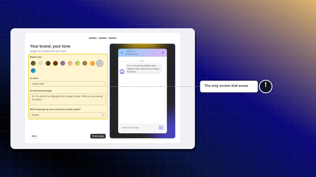 Your brand, your tone screen with the chatbox preview