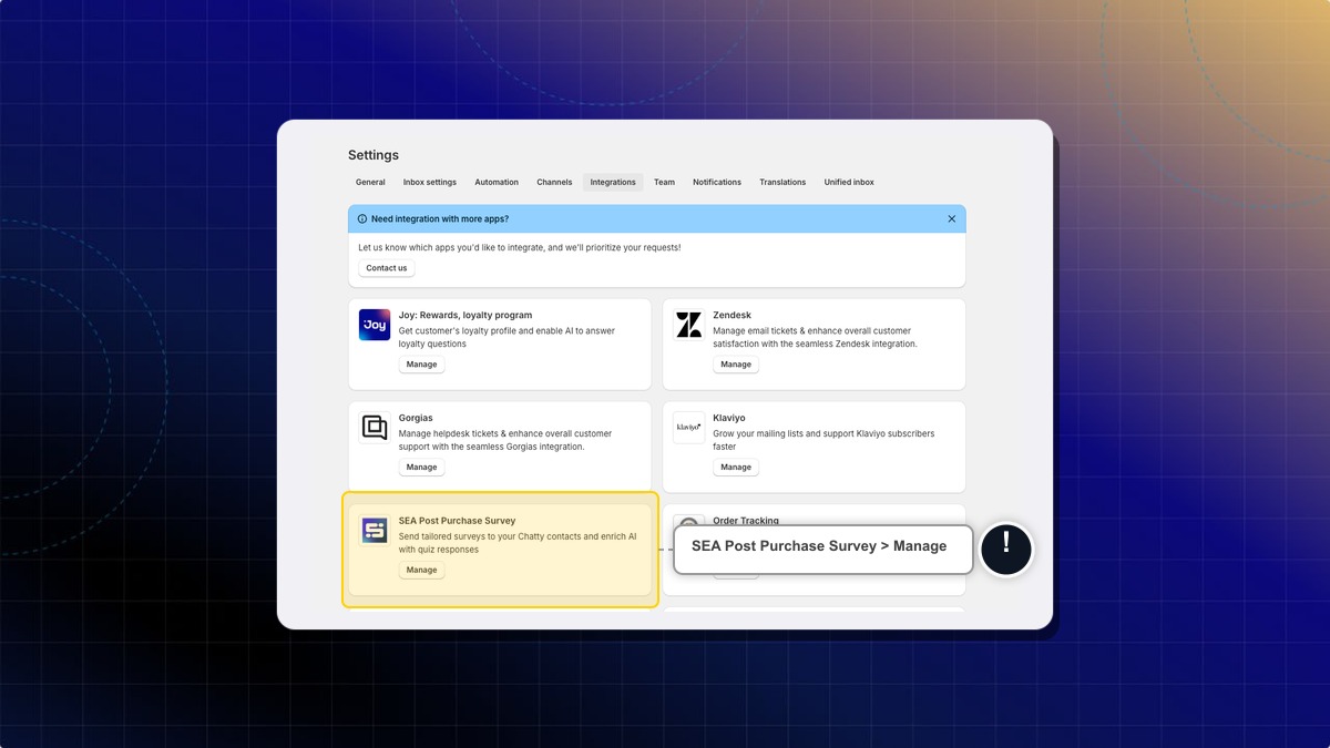 The SEA Post Purchase Survey card on the Integrations tab