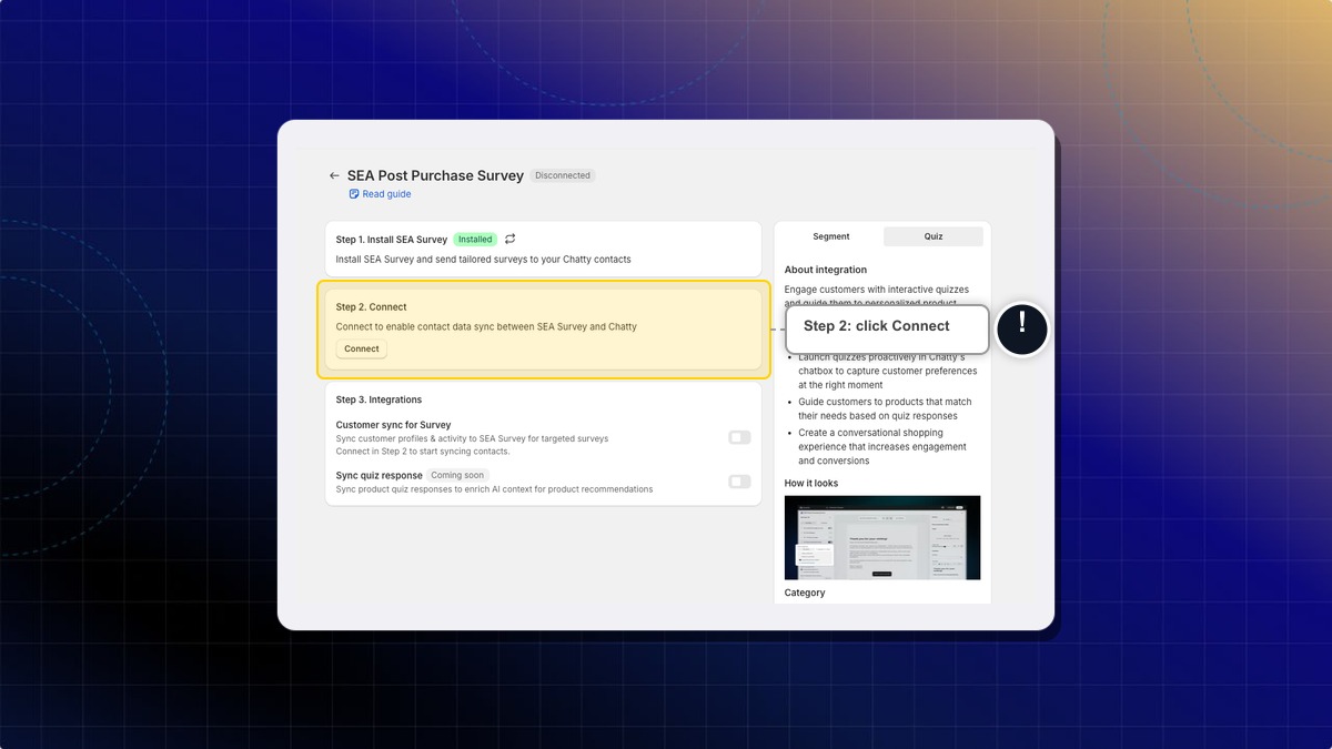 The SEA Post Purchase Survey page with Connect in Step 2
